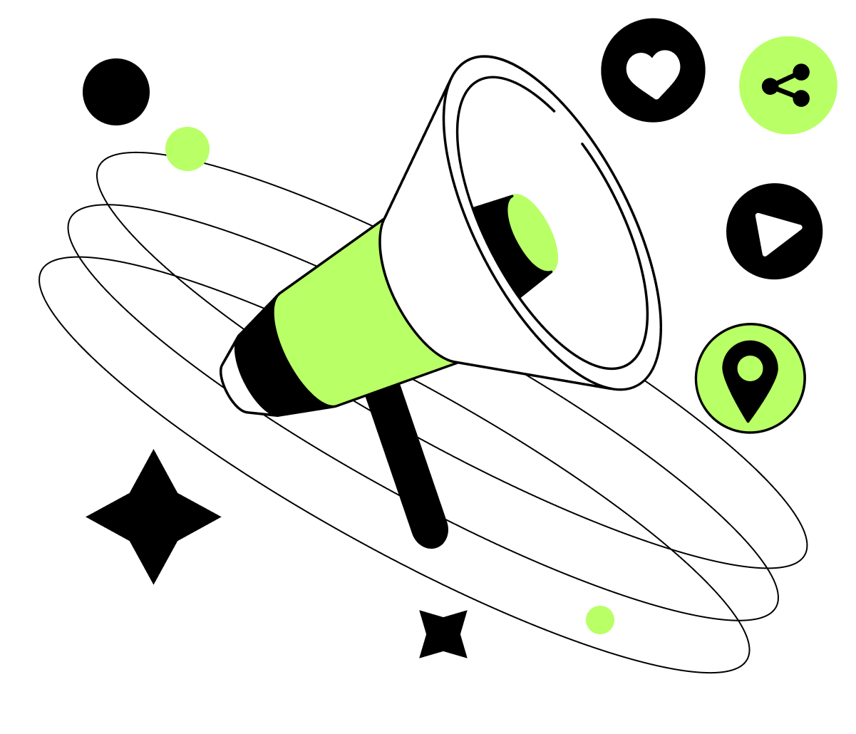 Illustration of a megaphone surrounded by digital marketing elements